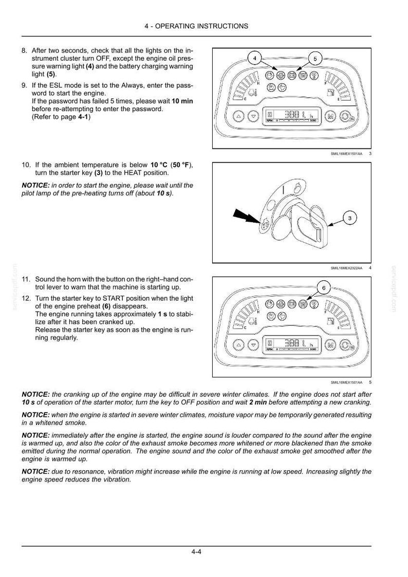 May include: Diagram of an instrument cluster with numbered indicators and text instructions. Includes a key and a diagram of the starter key positions. The text provides operating instructions for starting an engine.