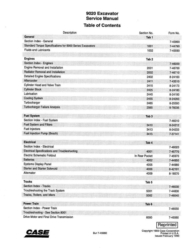 May include: A black and white printed table of contents from a 9020 Excavator Service Manual. The document lists various sections, including engines, fuel systems, and electrical components, with corresponding section and form numbers.