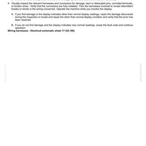 May include: A white document titled "Electrical systems - FAULT CODES" with troubleshooting steps for wiring harnesses. Includes instructions for checking continuity, inspecting connectors, and repairing damage. Text includes "Wiring harnesses - Electrical schematic sheet 17 (55.100)".