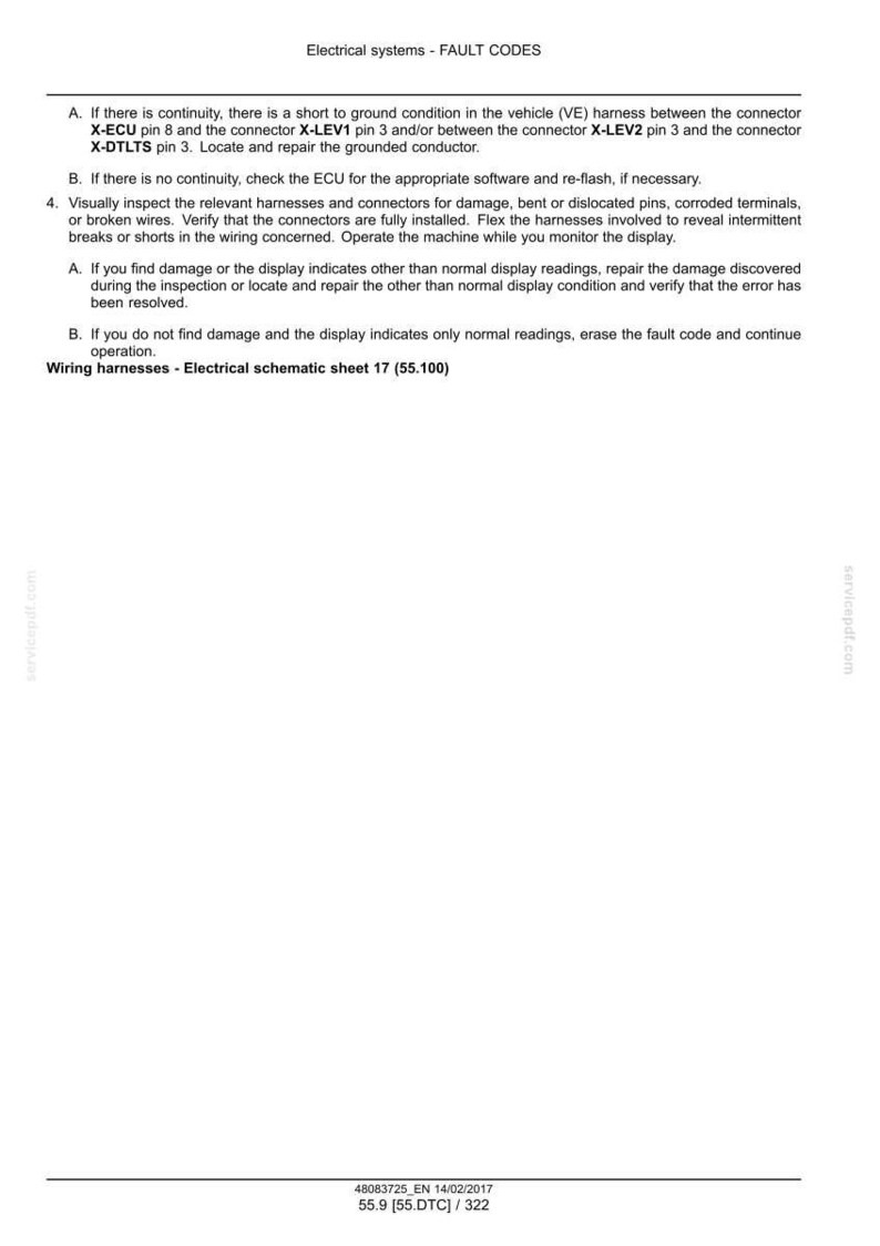 May include: A white document titled "Electrical systems - FAULT CODES" with troubleshooting steps for wiring harnesses. Includes instructions for checking continuity, inspecting connectors, and repairing damage. Text includes "Wiring harnesses - Electrical schematic sheet 17 (55.100)".