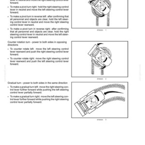 May include: Diagrams illustrating machine turning controls. Includes instructions for pivot turns, counter-rotation turns, and gradual turns. The diagrams show the movement of levers for left and right turns, and reverse maneuvers.
