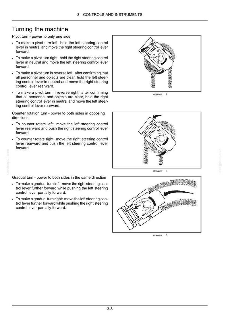 May include: Diagrams illustrating machine turning controls. Includes instructions for pivot turns, counter-rotation turns, and gradual turns. The diagrams show the movement of levers for left and right turns, and reverse maneuvers.