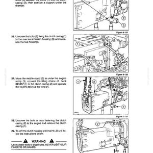 May include: A technical manual page titled SECTION 6 - POWER TRAIN, featuring four black and white line drawings labeled Figure 6-131 through 6-134. The diagrams illustrate mechanical steps for positioning a mobile stand, unscrewing bolts, and using a hoist.