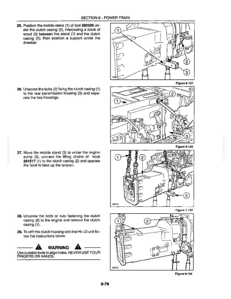 May include: A technical manual page titled SECTION 6 - POWER TRAIN, featuring four black and white line drawings labeled Figure 6-131 through 6-134. The diagrams illustrate mechanical steps for positioning a mobile stand, unscrewing bolts, and using a hoist.