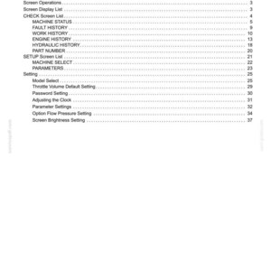 Puede incluir: Una p&aacute;gina de documento blanca con una tabla de contenidos para un manual. El t&iacute;tulo "CONTENTS" est&aacute; en la parte superior. La tabla enumera temas como "MACHINE STATUS" y "ENGINE HISTORY". El documento es de Case Construction.