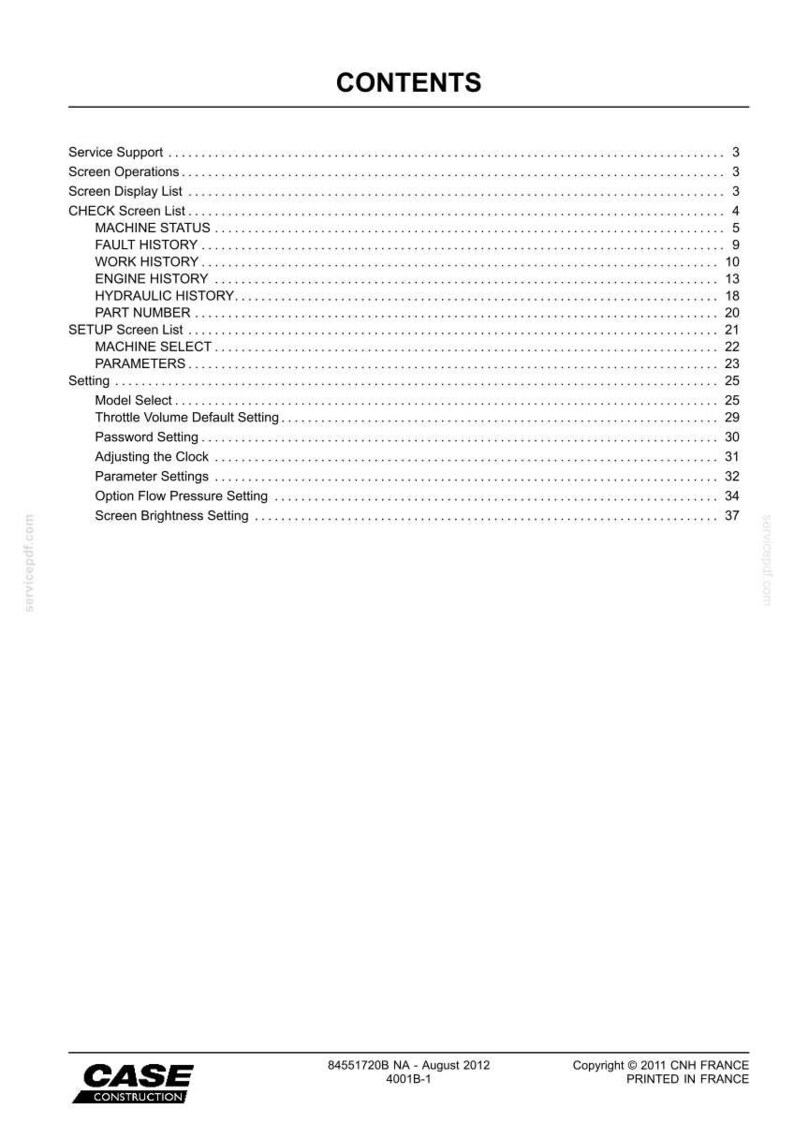 Puede incluir: Una p&aacute;gina de documento blanca con una tabla de contenidos para un manual. El t&iacute;tulo "CONTENTS" est&aacute; en la parte superior. La tabla enumera temas como "MACHINE STATUS" y "ENGINE HISTORY". El documento es de Case Construction.