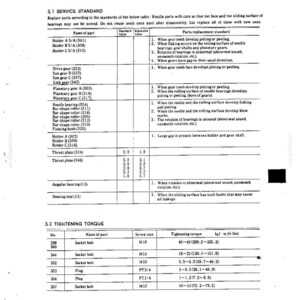 May include: A technical document page titled 3. SERVICE STANDARD, featuring two tables. The first table lists parts like Holder A S/A, gears, and bearings with replacement criteria. The second table details tightening torque for bolts and plugs.