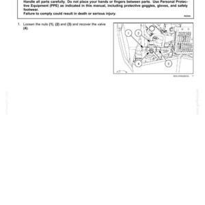 May include: Diagram of a hydraulic system component labeled "Supply circuit valve - Remove." The image includes a warning about injury and instructions to loosen nuts (1), (2), and (3) to recover the valve (4).
