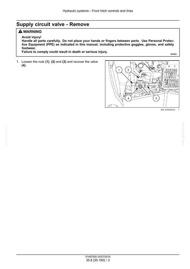 May include: Diagram of a hydraulic system component labeled "Supply circuit valve - Remove." The image includes a warning about injury and instructions to loosen nuts (1), (2), and (3) to recover the valve (4).