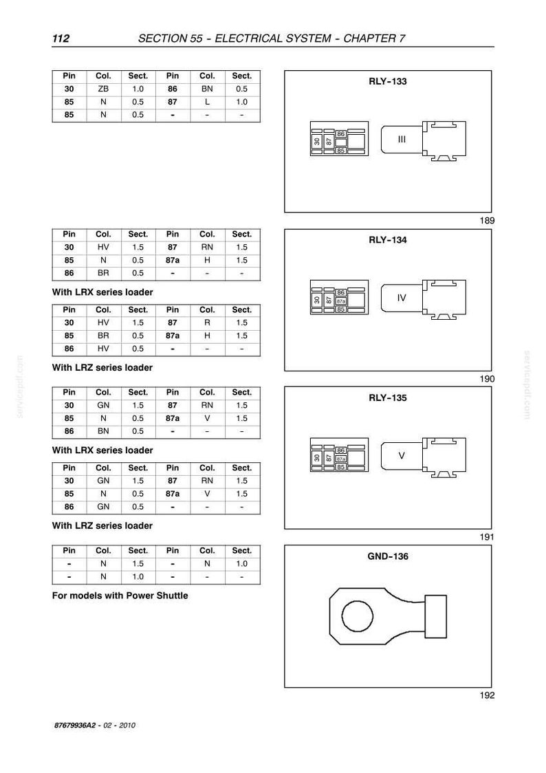 Puede incluir: Diagramas de componentes el&eacute;ctricos, incluidos rel&eacute;s y un conector de tierra, con tablas de configuraciones de pines y detalles de secci&oacute;n. El texto incluye "SECTION 55 - ELECTRICAL SYSTEM - CHAPTER 7" y varios n&uacute;meros de modelo.