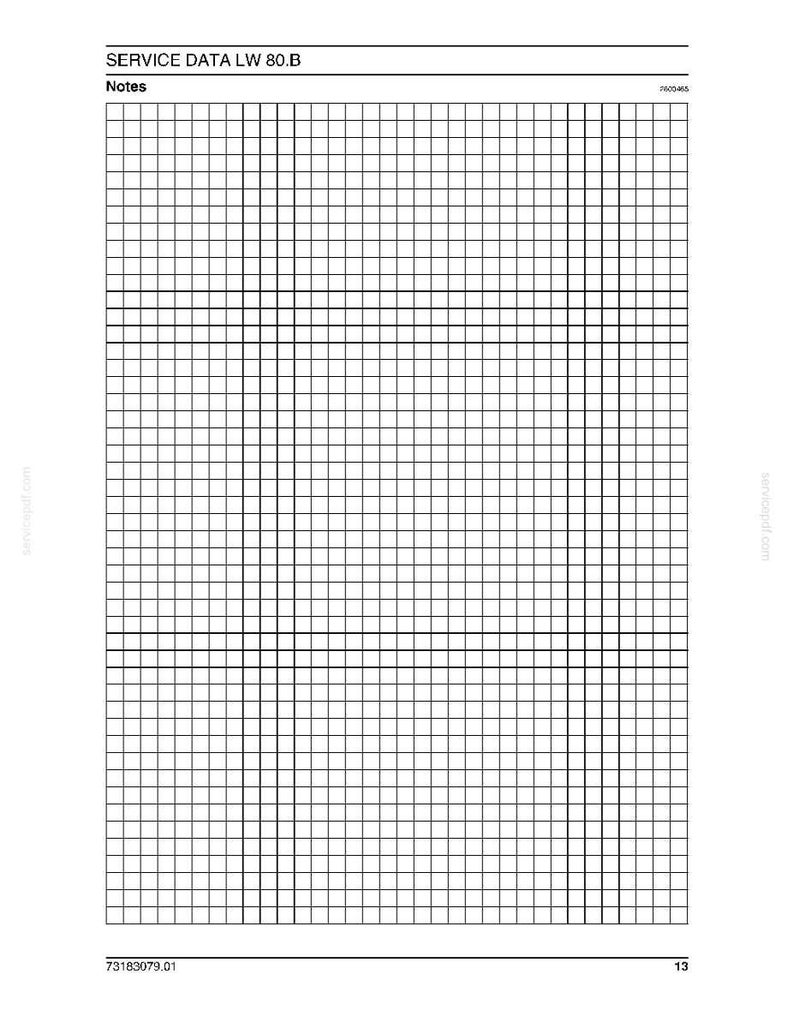 May include: A white page with a grid pattern, featuring horizontal and vertical lines forming numerous small squares. The text "SERVICE DATA LW 80.B" and "Notes" are at the top. The number "13" is in the bottom right corner. The document is a service data sheet.