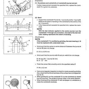May include: A technical manual page titled CRANKSHAFT AND CRANKCASE featuring black and white line drawings of a crankshaft, inspection procedures, and grinding instructions. Text includes specifications like C: 57.5 &plusmn; 0.075 mm, D: 35 mm, E: 41 +0.2/0 mm, and F: R4 &plusmn; 0.2 mm.