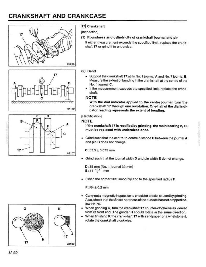 May include: A technical manual page titled CRANKSHAFT AND CRANKCASE featuring black and white line drawings of a crankshaft, inspection procedures, and grinding instructions. Text includes specifications like C: 57.5 &plusmn; 0.075 mm, D: 35 mm, E: 41 +0.2/0 mm, and F: R4 &plusmn; 0.2 mm.