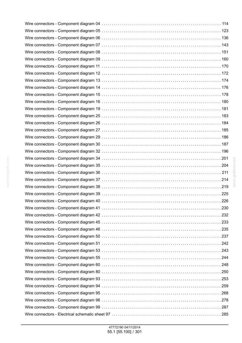 May include: A technical document page featuring a list of wire connectors component diagrams with corresponding page numbers ranging from 114 to 287. The text is black on a white background, including a footer with the date 04/11/2014 and 55.1 [55.100] / 301.
