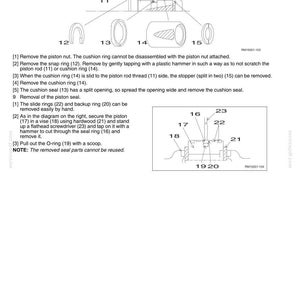 May include: Diagram of retraction side cushion ring disassembly, including a rod threaded section, various rings, and a stopper. Instructions detail removing parts like the piston nut, snap ring, and cushion seal. The diagram also shows a piston secured in a vise.