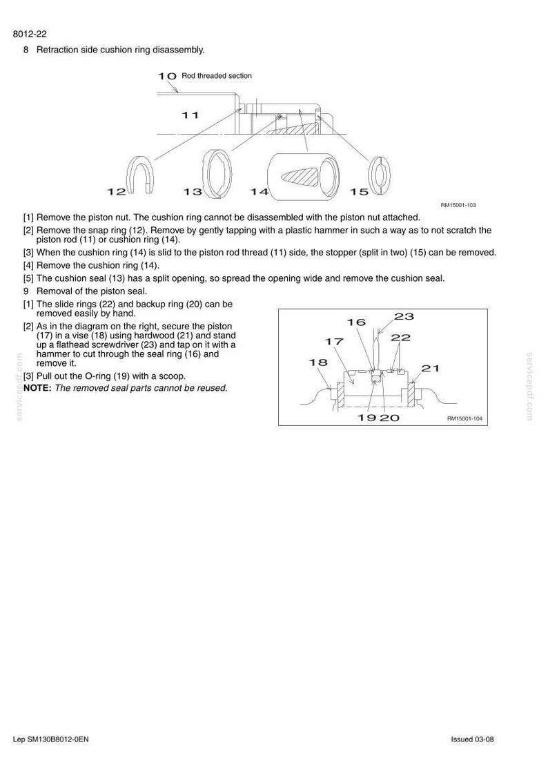 May include: Diagram of retraction side cushion ring disassembly, including a rod threaded section, various rings, and a stopper. Instructions detail removing parts like the piston nut, snap ring, and cushion seal. The diagram also shows a piston secured in a vise.