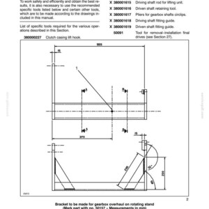 May include: Technical diagram of a bracket for gearbox overhaul on a rotating stand. Includes measurements in millimeters, with dimensions such as 370 mm, 555 mm, and 200 mm. The diagram also lists tools and their functions.