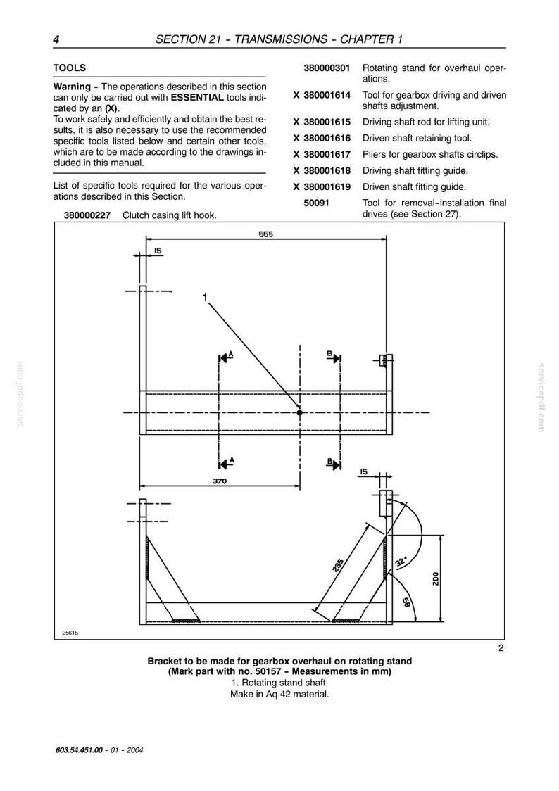 May include: Technical diagram of a bracket for gearbox overhaul on a rotating stand. Includes measurements in millimeters, with dimensions such as 370 mm, 555 mm, and 200 mm. The diagram also lists tools and their functions.