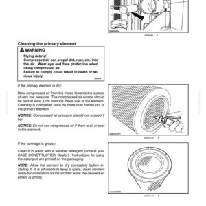May include: Diagram of an air filter maintenance procedure. The image includes illustrations of the filter, along with warnings about flying debris and instructions for cleaning the primary element with compressed air. The text provides safety precautions.