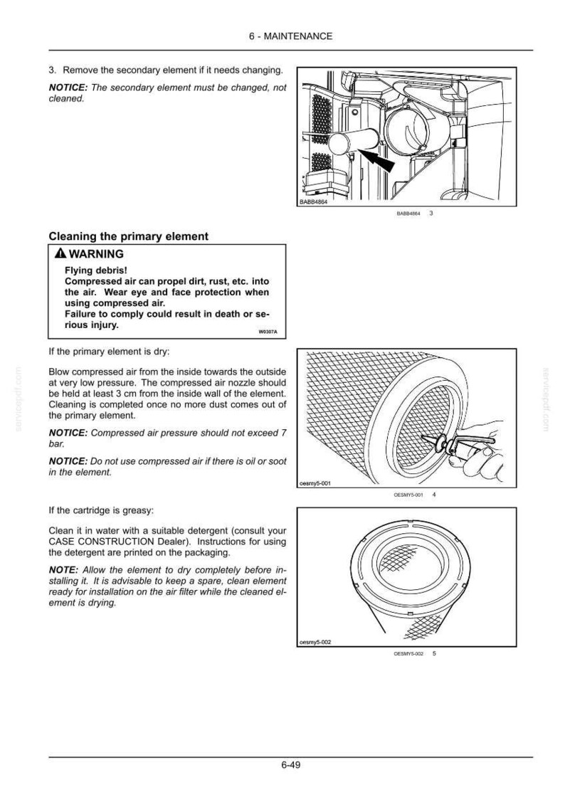 May include: Diagram of an air filter maintenance procedure. The image includes illustrations of the filter, along with warnings about flying debris and instructions for cleaning the primary element with compressed air. The text provides safety precautions.