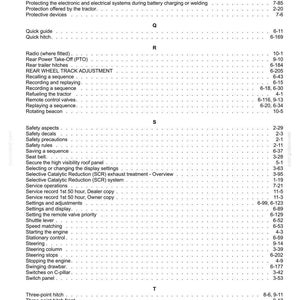 Pode incluir: Uma p&aacute;gina branca de um manual t&eacute;cnico apresentando um &iacute;ndice alfab&eacute;tico de t&oacute;picos de opera&ccedil;&atilde;o e manuten&ccedil;&atilde;o de tratores come&ccedil;ando com as letras Q, R, S e T, com os n&uacute;meros de p&aacute;gina correspondentes em texto preto &agrave; direita.