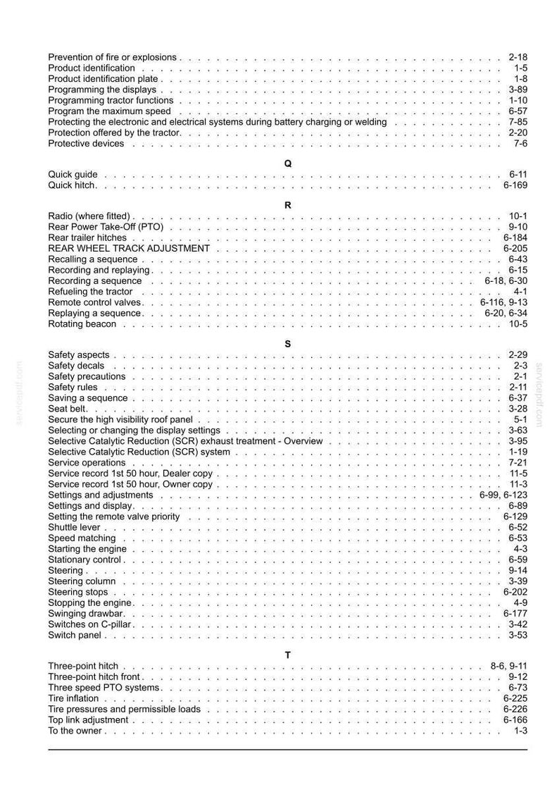 Pode incluir: Uma p&aacute;gina branca de um manual t&eacute;cnico apresentando um &iacute;ndice alfab&eacute;tico de t&oacute;picos de opera&ccedil;&atilde;o e manuten&ccedil;&atilde;o de tratores come&ccedil;ando com as letras Q, R, S e T, com os n&uacute;meros de p&aacute;gina correspondentes em texto preto &agrave; direita.