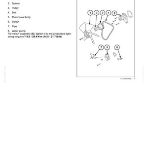 May include: Diagram of an engine cooling system installation, including a fan, pulley, belt, thermostat, switch, and water pump. The diagram provides a visual guide for the assembly of these components.