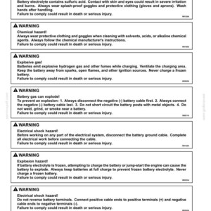 May include: A technical document page titled 7-MAINTENANCE, Battery safety - check and cleaning. It contains seven distinct warning boxes with black text on a white background, detailing hazards related to battery acid, chemicals, and explosions.