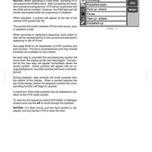 May include: A technical manual page titled 6-WORKING OPERATIONS, featuring text instructions and a digital display graphic labeled HTS main. The display lists functions like Recording, Rockshaft down, Rem cyl. retract, Pause, Rem cyl. extend, and Rockshaft up.
