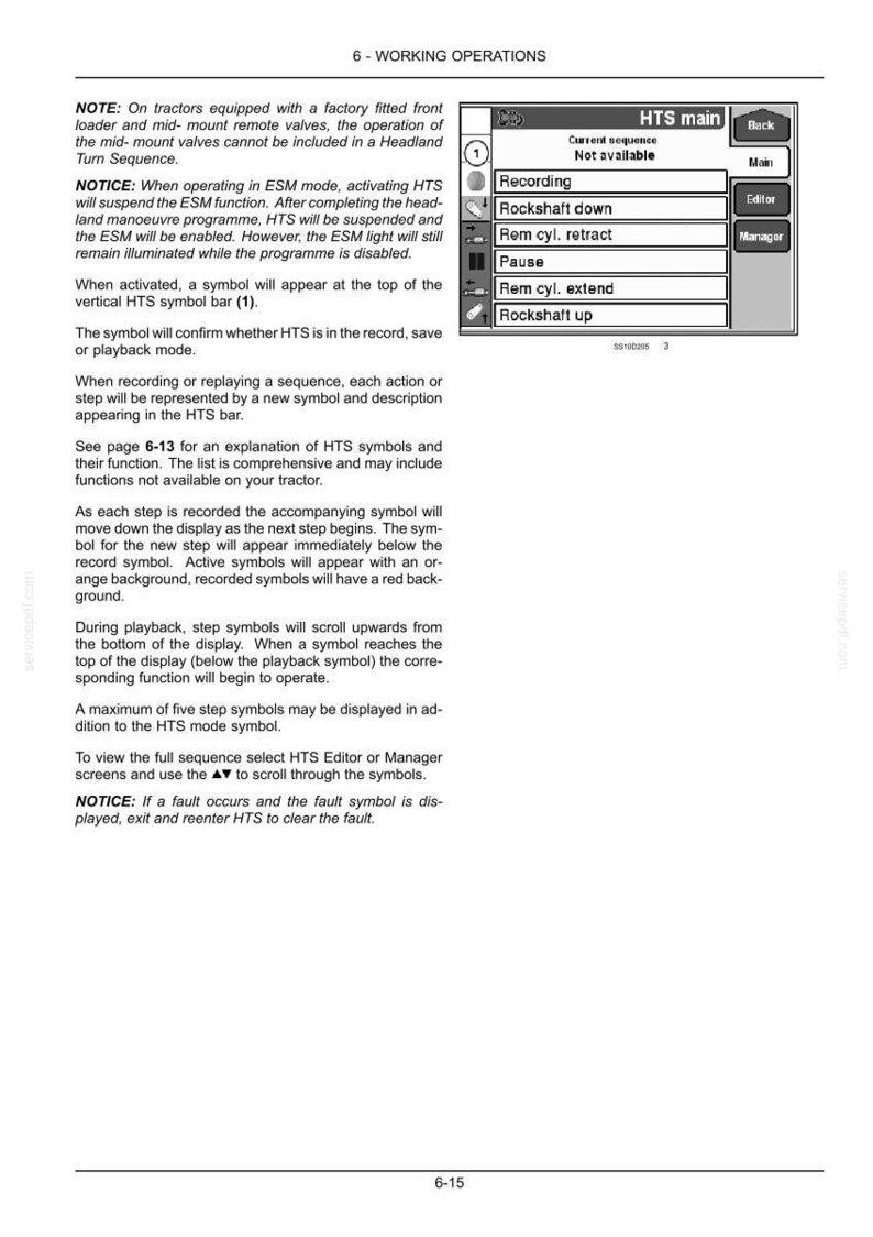 May include: A technical manual page titled 6-WORKING OPERATIONS, featuring text instructions and a digital display graphic labeled HTS main. The display lists functions like Recording, Rockshaft down, Rem cyl. retract, Pause, Rem cyl. extend, and Rockshaft up.