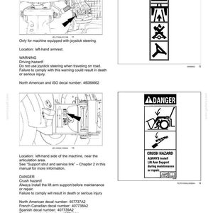 May include: Safety information page from a manual, featuring diagrams and warnings. Includes a warning about driving hazards and a crush hazard warning. Text includes decal numbers and safety instructions.