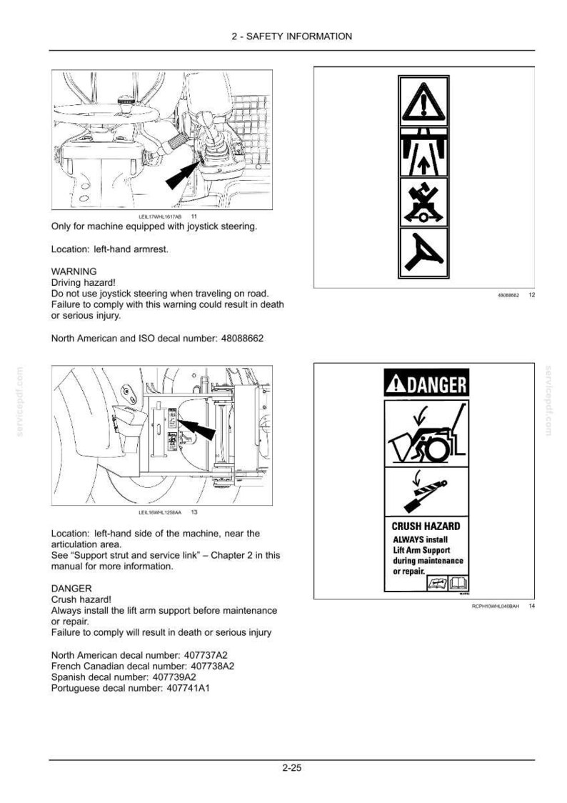 May include: Safety information page from a manual, featuring diagrams and warnings. Includes a warning about driving hazards and a crush hazard warning. Text includes decal numbers and safety instructions.