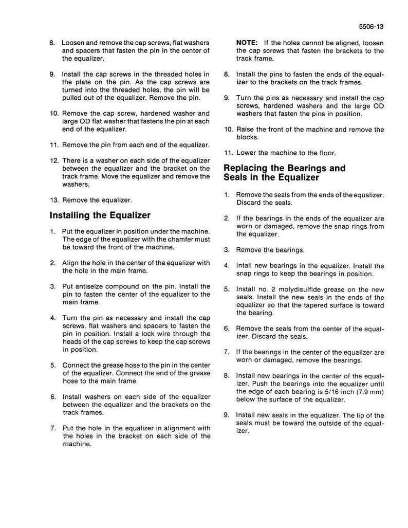 May include: A page from a manual with instructions for installing and replacing parts on an equalizer. The text includes steps for installing the equalizer, replacing bearings, and seals. The page has the number 5506-13 in the top right corner.