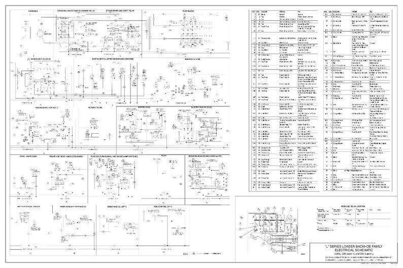 May include: A detailed electrical schematic diagram for a "L" series loader backhoe family. The diagram is in black and white, showing various electrical components and wiring. Includes a parts list and a diagram of the backhoe.