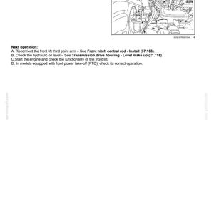 May include: Diagram of a front hitch assembly with labels and instructions. The image includes a detailed illustration of the hydraulic system lines and text instructions for disconnecting and reconnecting parts. The text also includes instructions for checking the hydraulic oil level.
