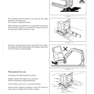 May include: Page from a manual with diagrams and text about working operations and precautions for machinery. Includes illustrations of machinery and warnings about potential hazards.
