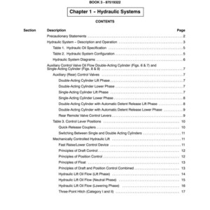 May include: A printed page from a manual titled "SECTION 35 - HYDRAULIC SYSTEMS." The table of contents lists topics such as "Hydraulic System Diagrams," "Control Lever Positions," and "Hydraulic Lift Oil Flow." The page number "14" is at the bottom.