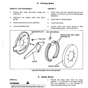 Puede incluir: Diagrama de un sistema mec&aacute;nico, que presenta una vista explosionada de un freno de estacionamiento con componentes etiquetados. El texto incluye instrucciones de desmontaje y montaje del sistema de frenado.