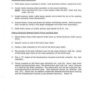 May include: A page from a manual titled "Transmission Assembly" with instructions for installing brake assemblies and setting backlash. The text includes numbered steps and technical details, with measurements in feet and pounds.