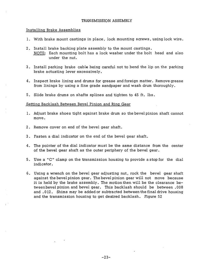 May include: A page from a manual titled "Transmission Assembly" with instructions for installing brake assemblies and setting backlash. The text includes numbered steps and technical details, with measurements in feet and pounds.
