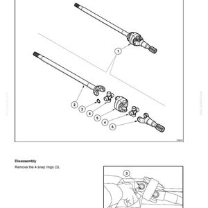 May include: Diagram of a front axle assembly, labeled "Section 25 - Front Axle" and "Cardan Joint." The image shows an exploded view of the components, including shafts, joints, and snap rings. A smaller image shows the removal of snap rings.
