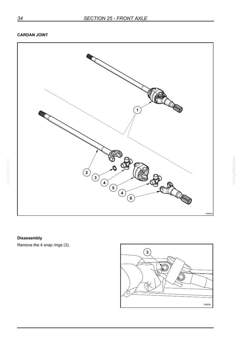 May include: Diagram of a front axle assembly, labeled "Section 25 - Front Axle" and "Cardan Joint." The image shows an exploded view of the components, including shafts, joints, and snap rings. A smaller image shows the removal of snap rings.
