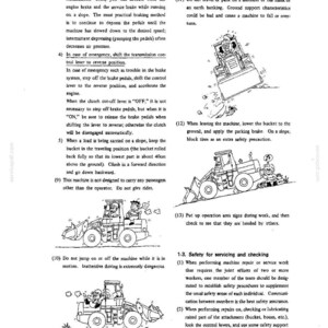 Puede incluir: Una p&aacute;gina de un manual t&eacute;cnico titulada SAFETY, con dibujos lineales en blanco y negro de una cargadora de construcci&oacute;n y un operador. El texto proporciona instrucciones sobre frenado, procedimientos de emergencia y mantenimiento.