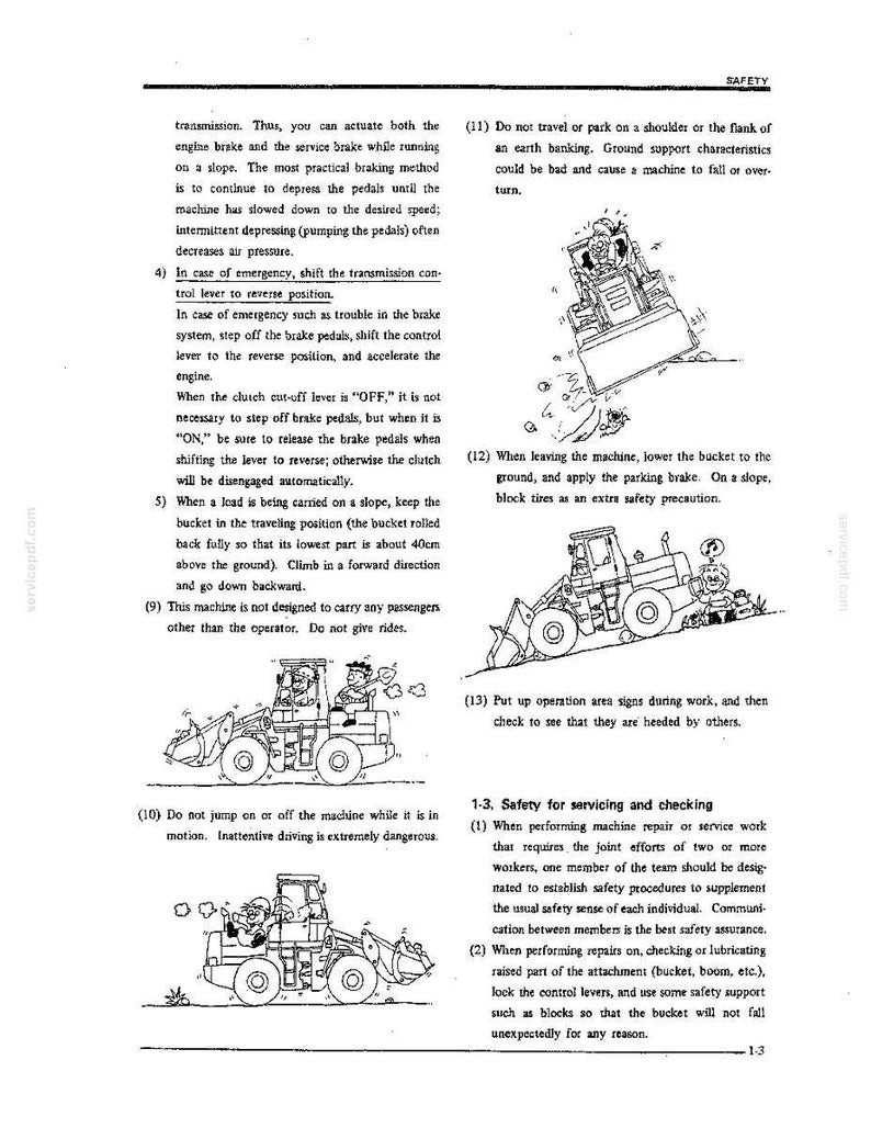 Puede incluir: Una p&aacute;gina de un manual t&eacute;cnico titulada SAFETY, con dibujos lineales en blanco y negro de una cargadora de construcci&oacute;n y un operador. El texto proporciona instrucciones sobre frenado, procedimientos de emergencia y mantenimiento.