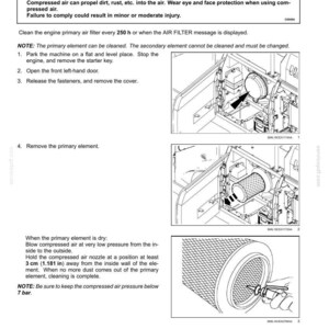 May include: Diagram of an engine primary air filter maintenance procedure. The image shows steps for cleaning the filter, including removing the cover and using compressed air. Safety warnings are included.