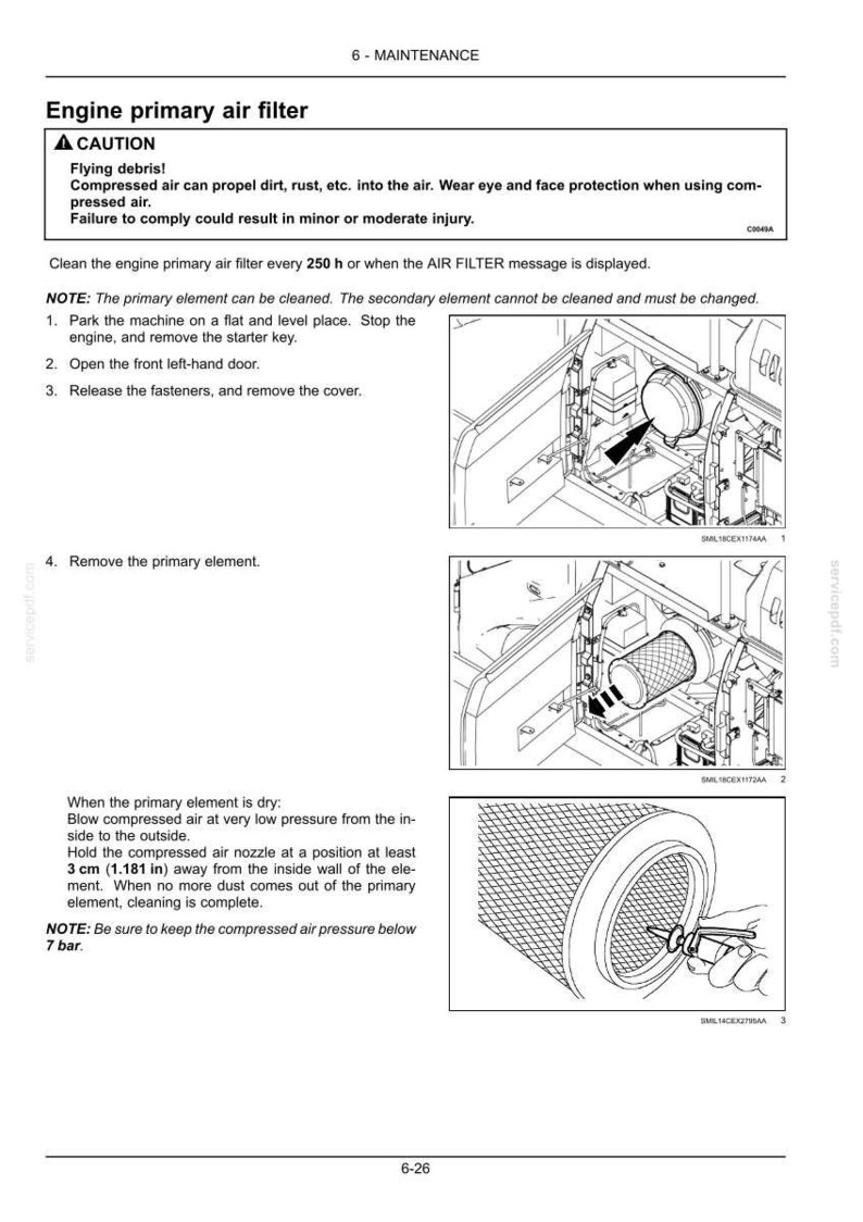 May include: Diagram of an engine primary air filter maintenance procedure. The image shows steps for cleaning the filter, including removing the cover and using compressed air. Safety warnings are included.