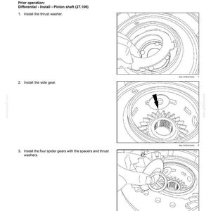 May include: Diagram of a rear axle system assembly, showing the installation of a thrust washer, side gear, and spider gears with spacers. Includes text and part numbers for reference.