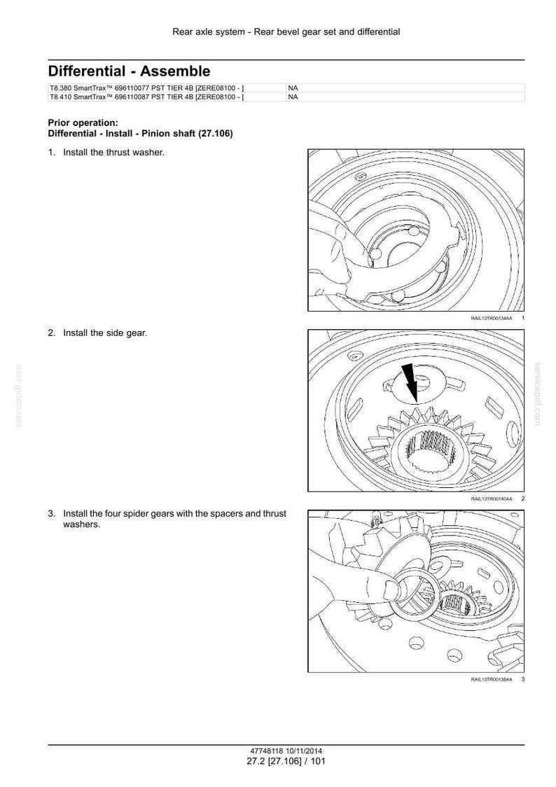 May include: Diagram of a rear axle system assembly, showing the installation of a thrust washer, side gear, and spider gears with spacers. Includes text and part numbers for reference.