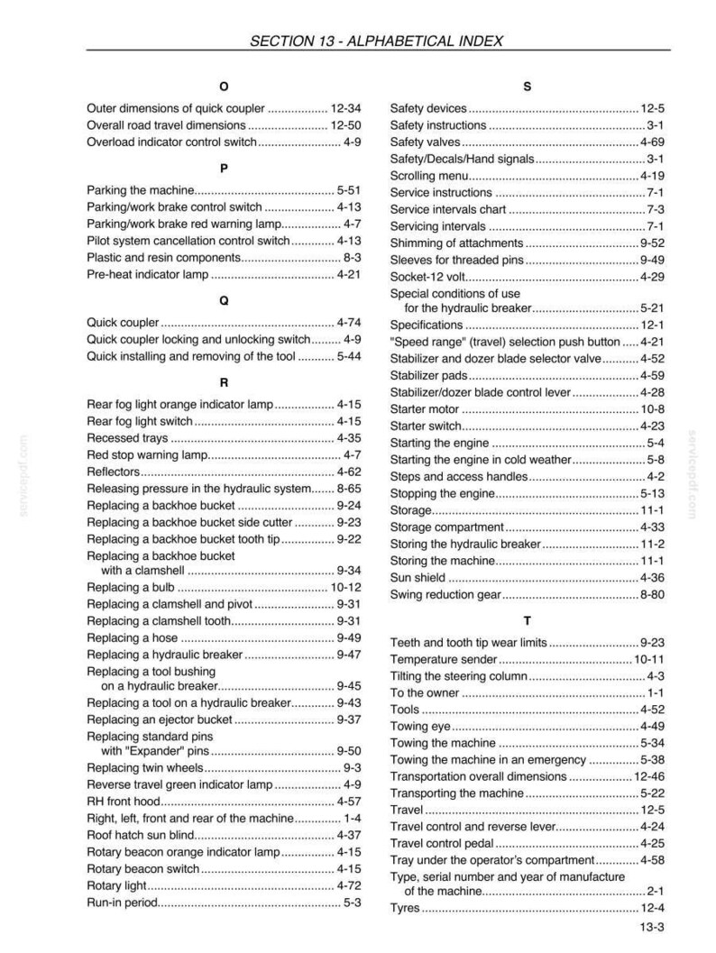 May include: A page from a manual titled "SECTION 13 - ALPHABETICAL INDEX." The text is black on a white background, listing various components and functions, such as "Quick coupler" and "Rotary light," with corresponding page numbers.