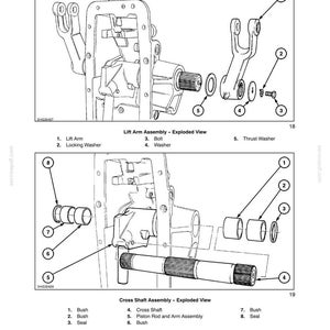 May include: A technical diagram showing two exploded views of a hydraulic system. The top section displays a lift arm assembly with numbered components including a lift arm, locking washer, bolt, washer, and thrust washer. The bottom section shows a cross shaft assembly with numbered parts including bushes, seals, a cross shaft, and a piston rod and arm assembly.
